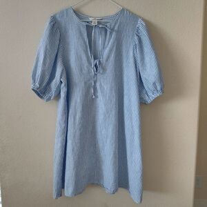 H&M tie front Linen blend short sleeve mini dress striped spring summer